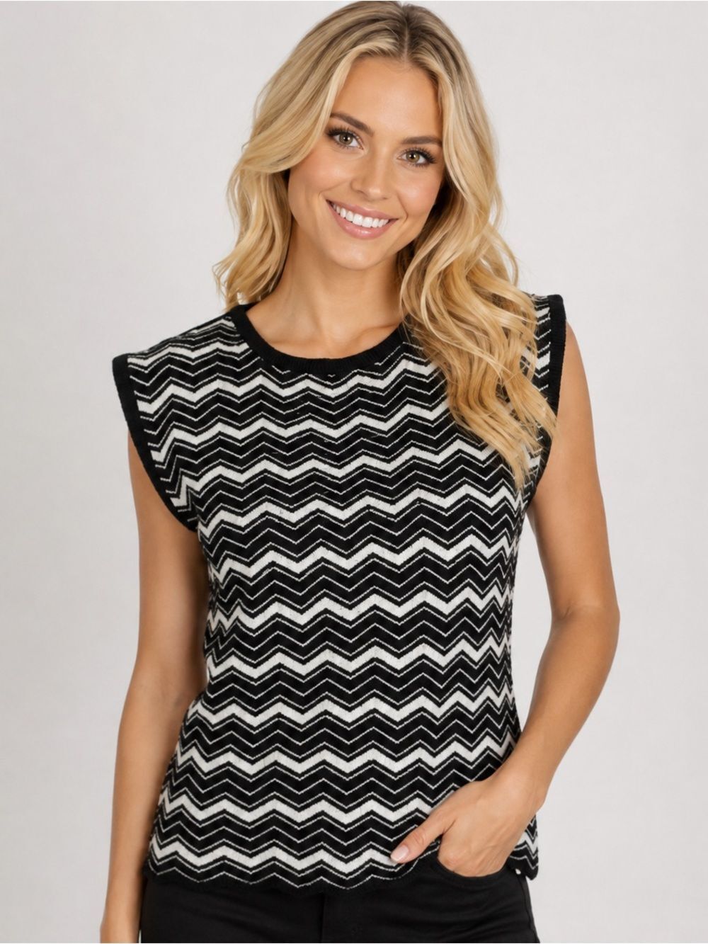 Chevron Knit Sleeveless Tank Top - Black & White Minimalist Chic Rayon Blend